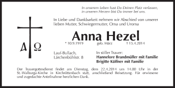 Traueranzeige von Anna Hezel von Pegnitz-Zeitung